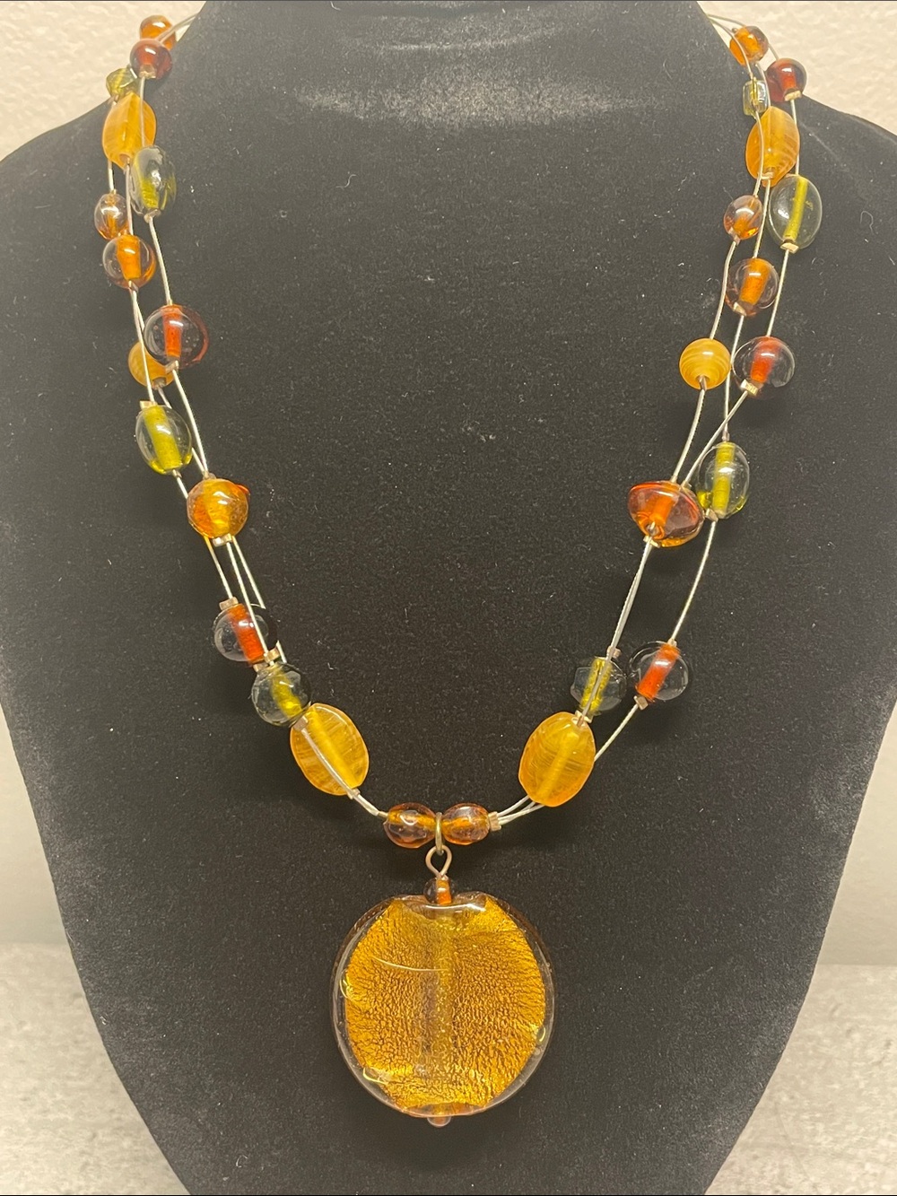 Amber Glass Pendant Multi-Strand Necklace - Yellow/Brown